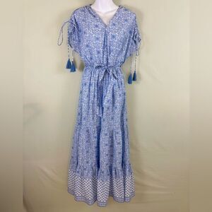 Pia Rossini Blue White Bohemian Flowy Summer Vacation Maxi Dress Cover Up